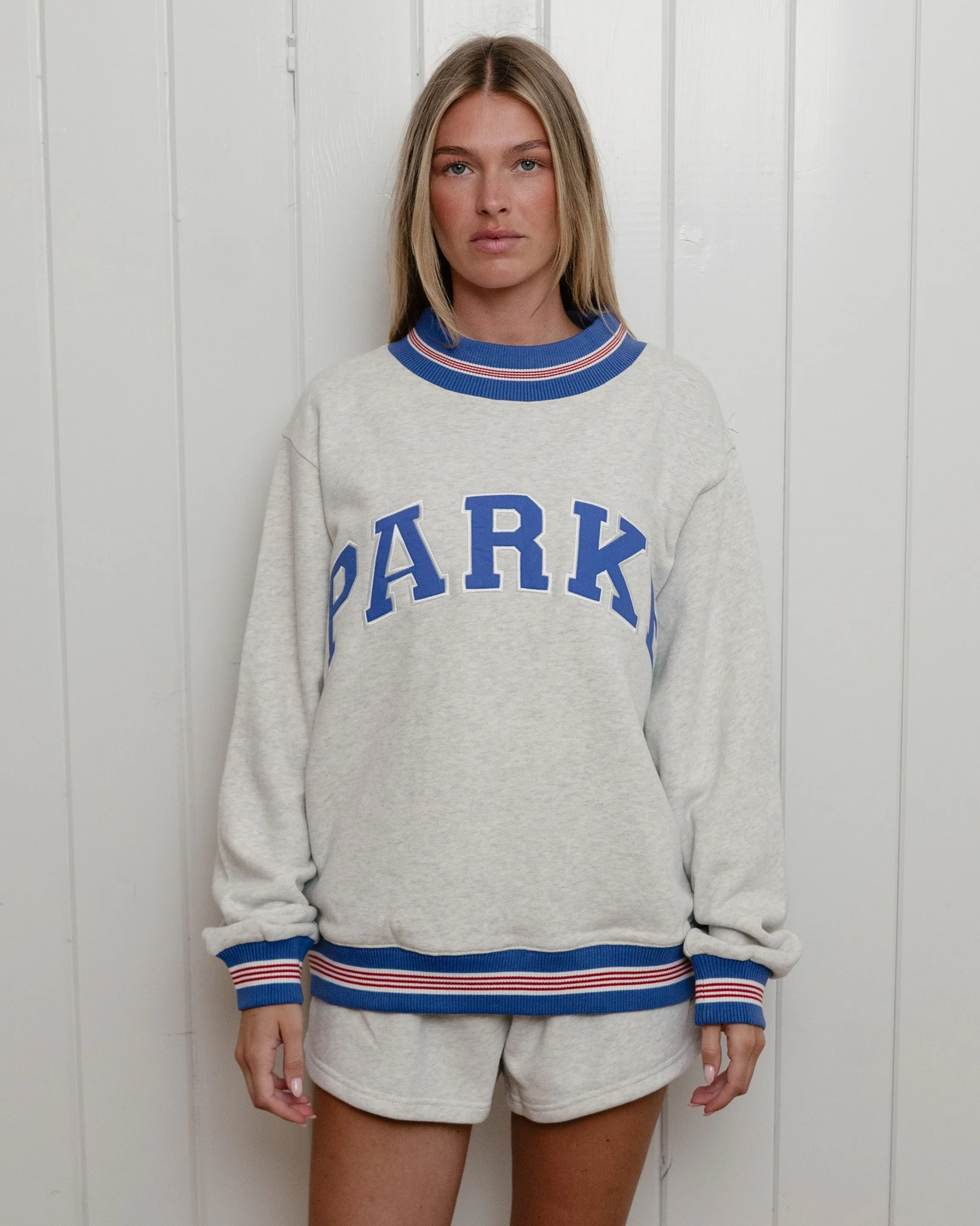 Boardwalk Varsity Mockneck - Heather Grey + Red/White/Blue Ribbing - Image 2