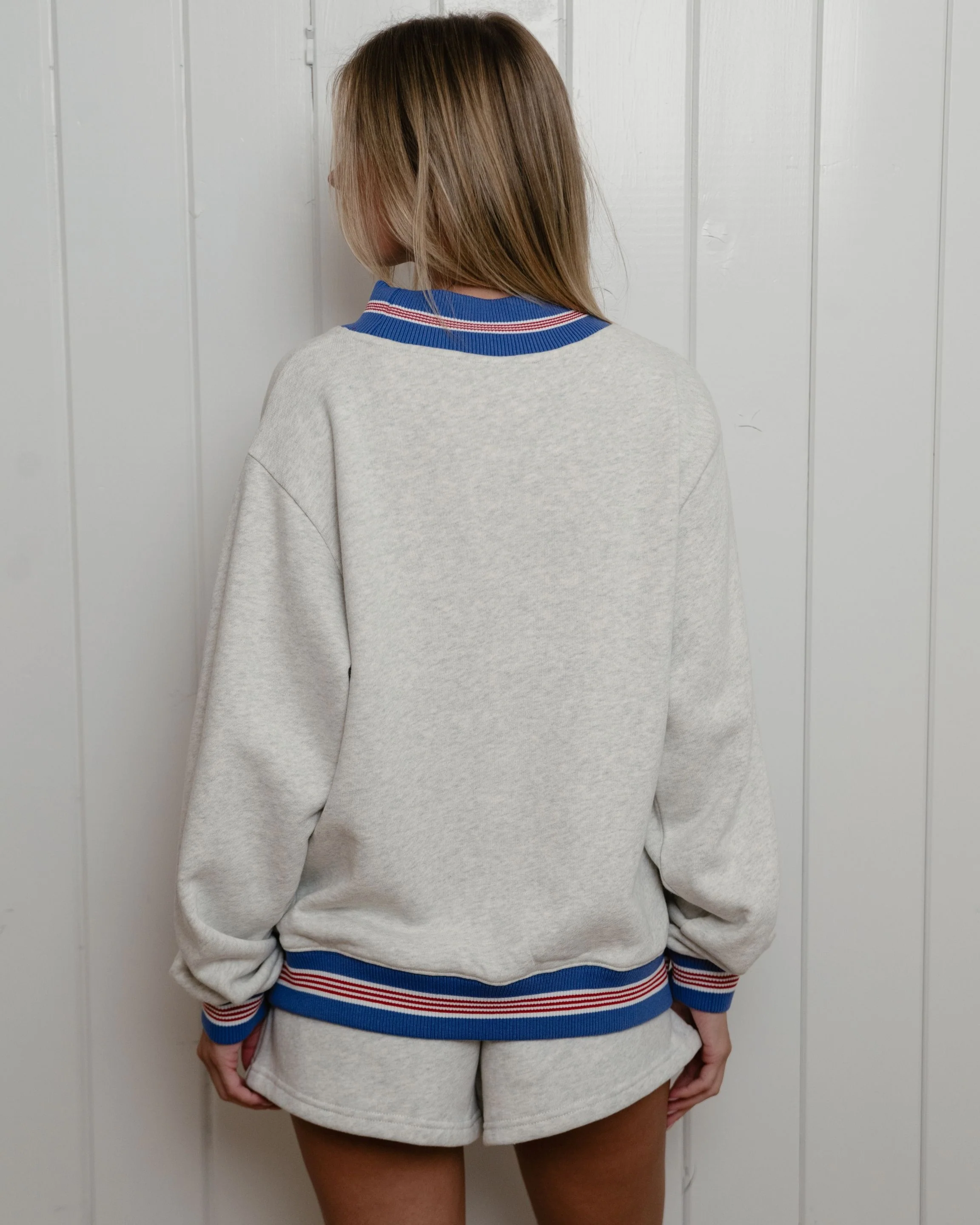 Boardwalk Varsity Mockneck - Heather Grey + Red/White/Blue Ribbing - Image 4