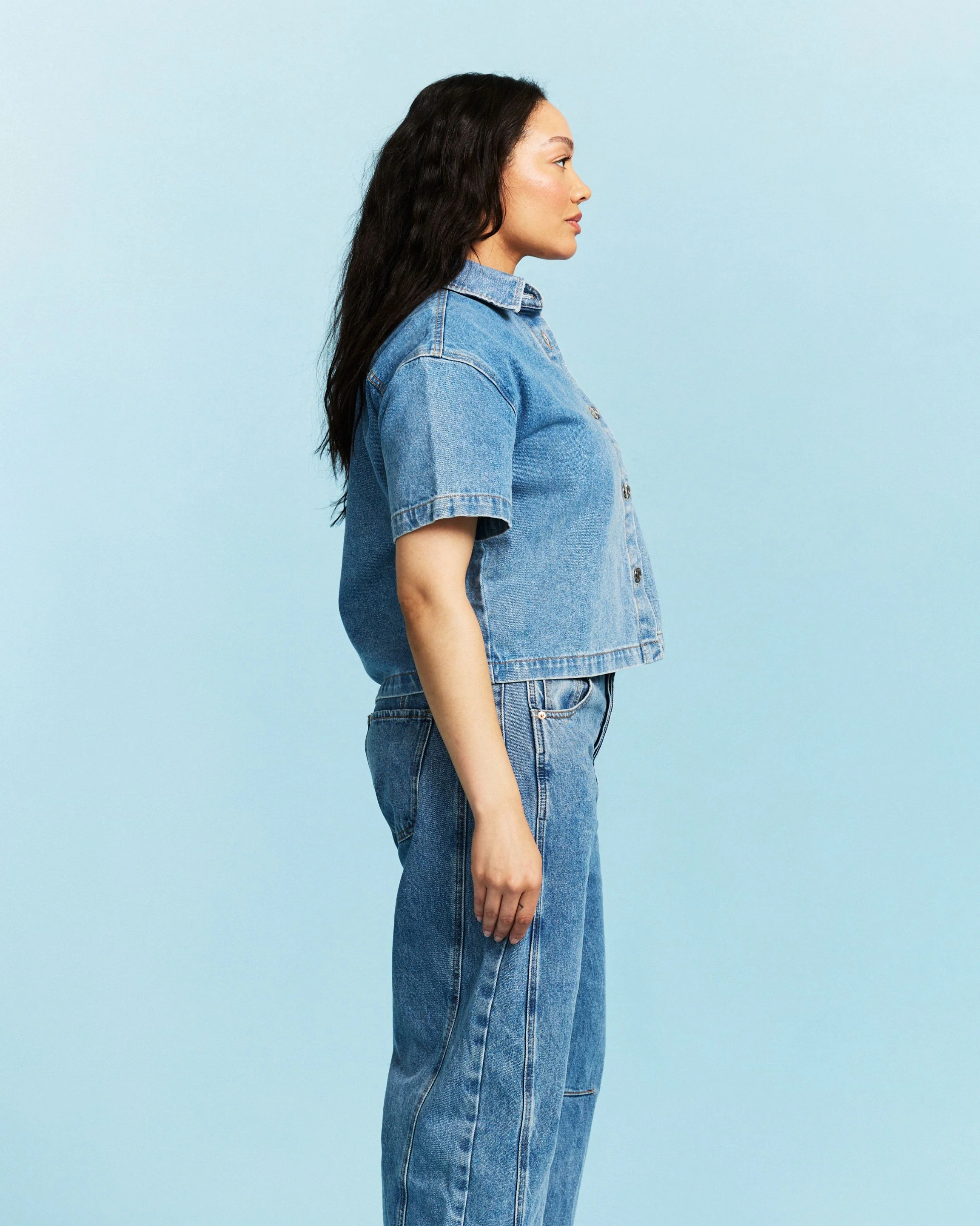 Cropped Short Sleeve Denim Shirt - Vintage Wash - Image 3