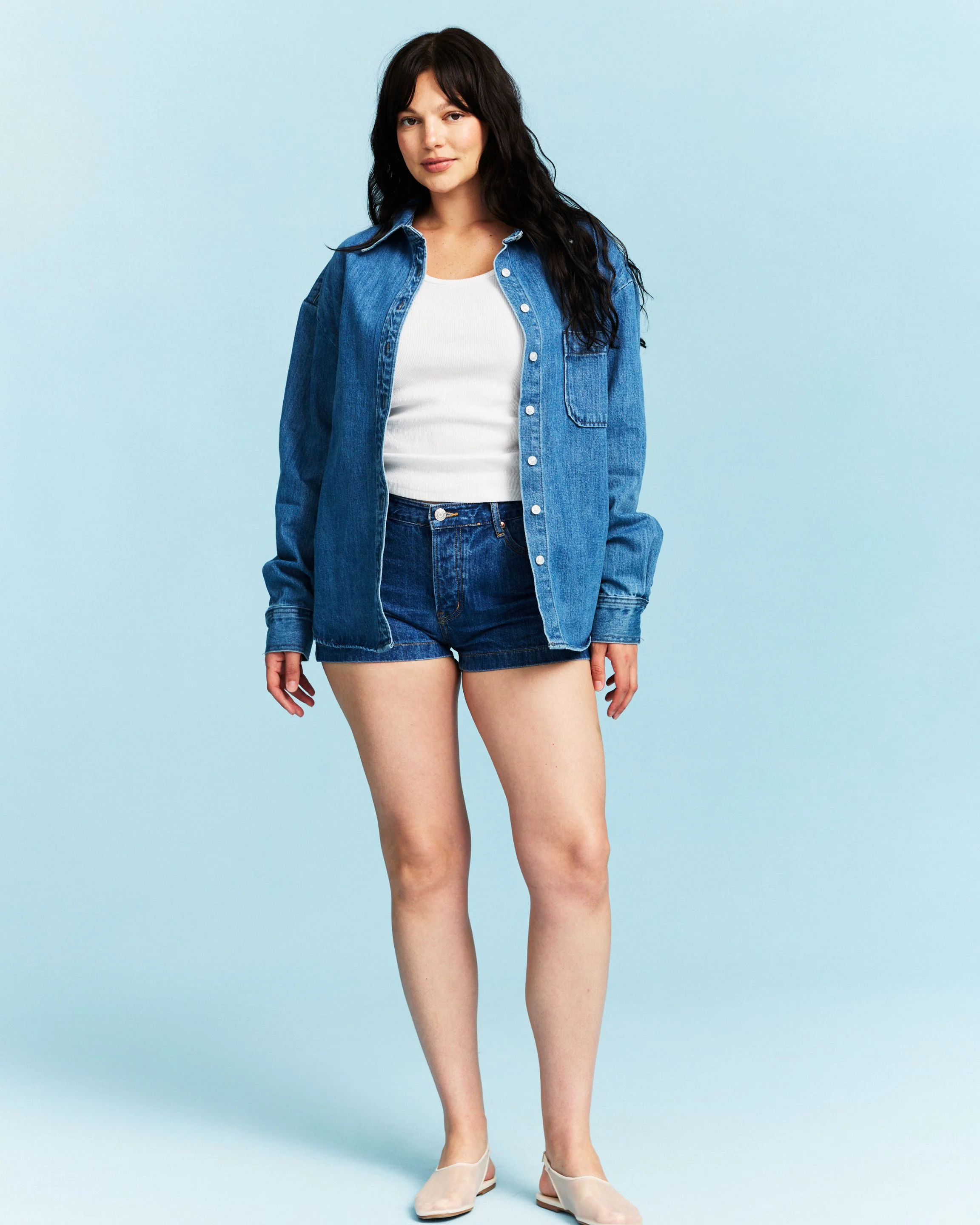 Long Sleeve Denim Shirt - Medium Wash - Image 2
