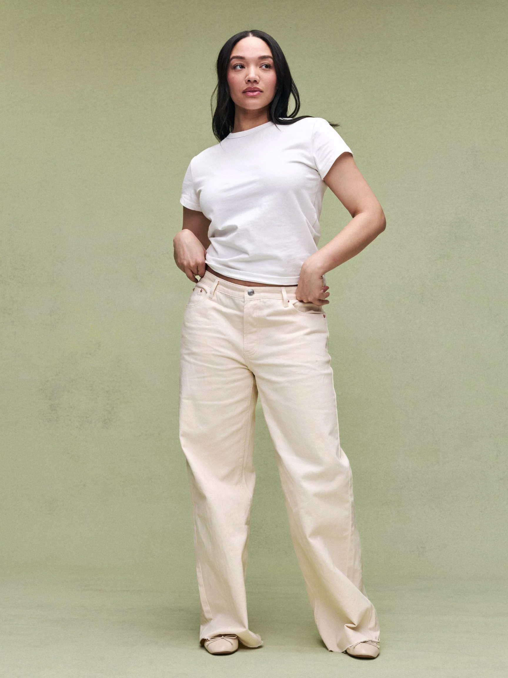 Low Rise Baggy Jeans - Cream - Image 2