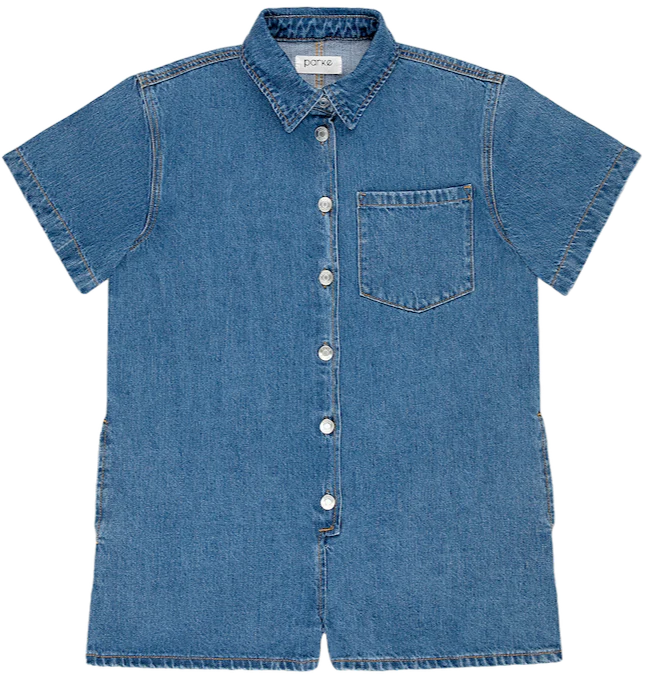 Short Sleeve Denim Romper - Medium Wash